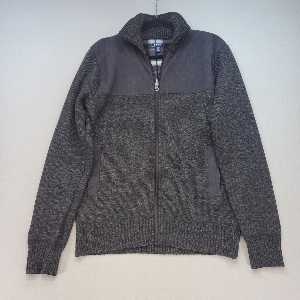 IZOD Full Zip Sweater‎ Mens Small Gray Casual Plaid Fleece Lined Mock Neck
